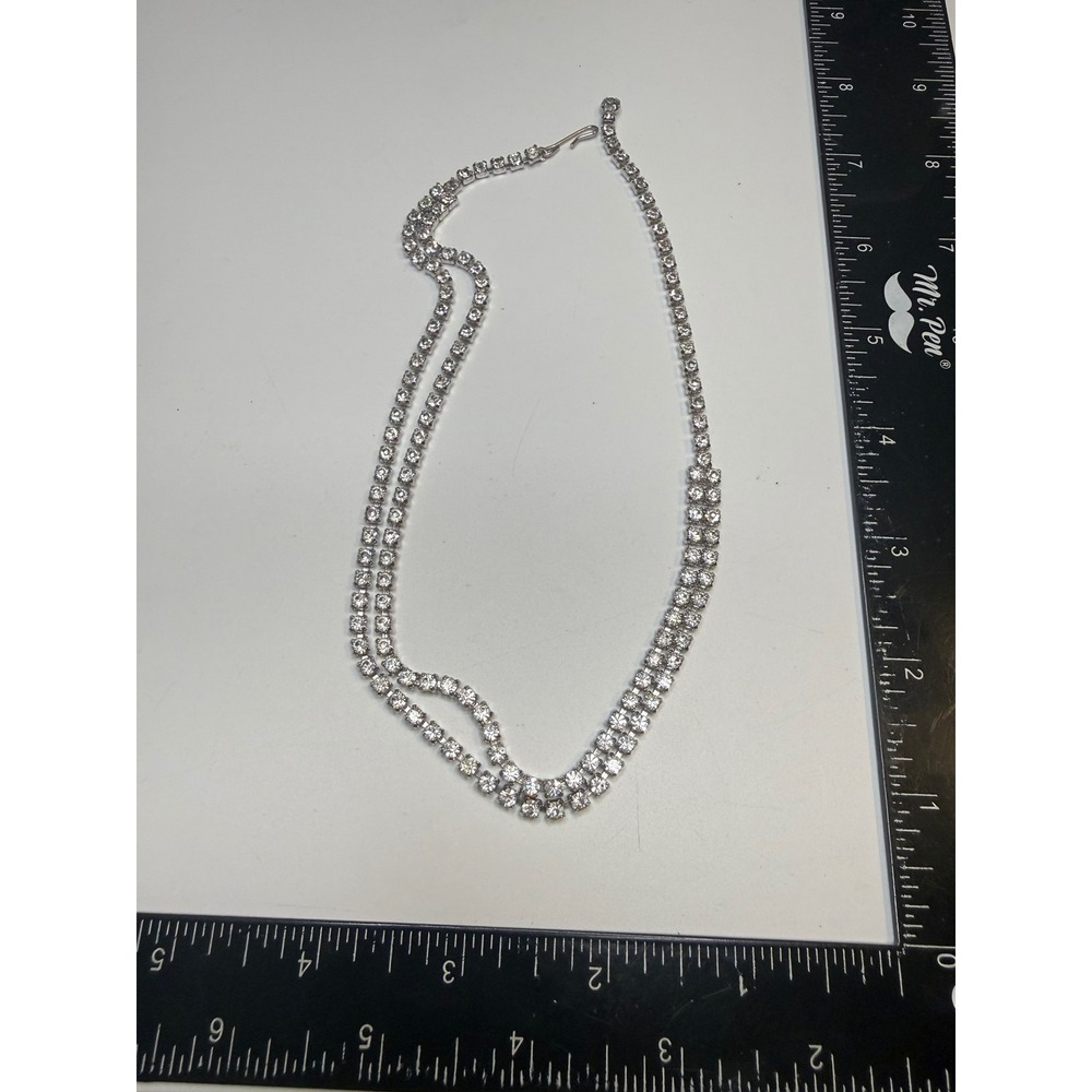 Double Strand Rhinestone Necklace Silver Tone Clear Crystal‎ Tiered Hook  15"